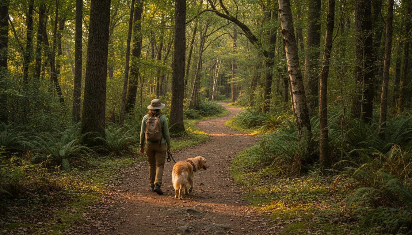 A person and their leashed dog walk calmly side-by-side on a winding dirt trail through a sun-dappled forest.