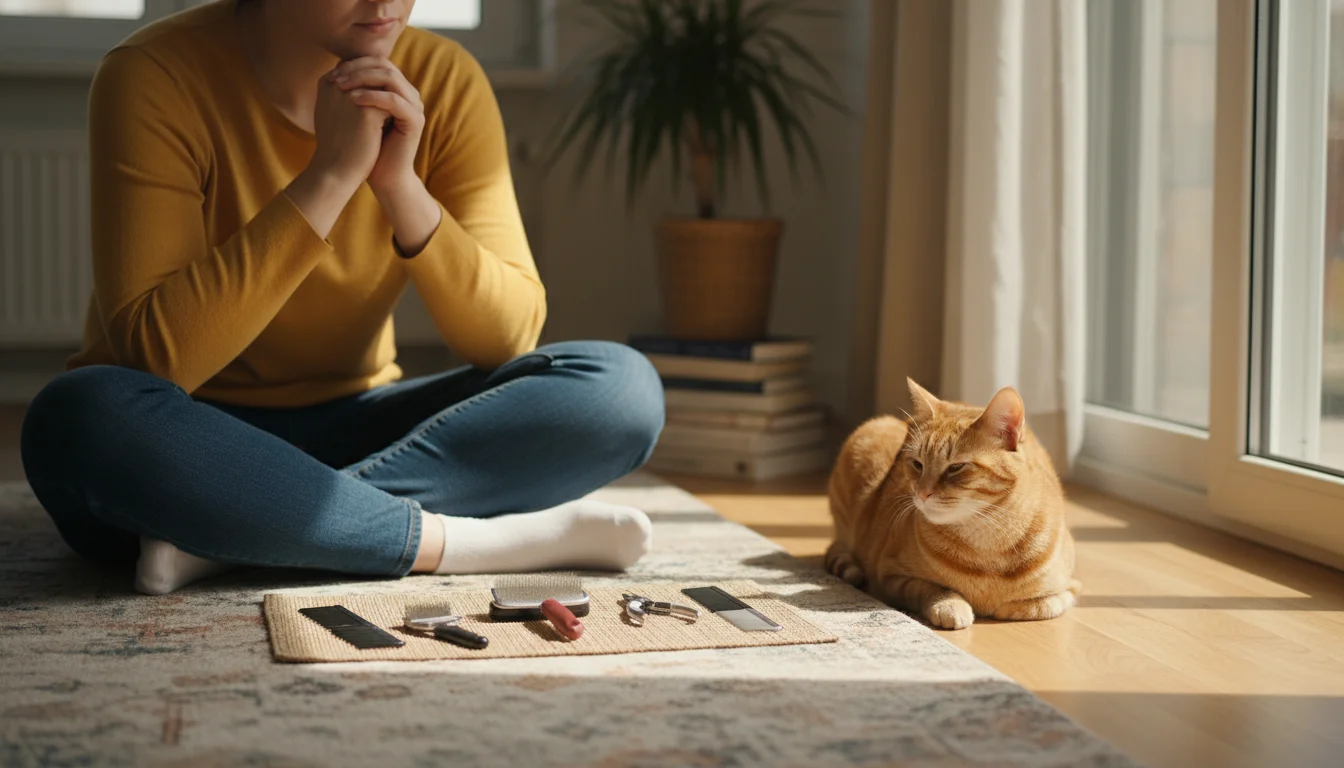Person thoughtfully looks at cat grooming tools on a rug, as a ginger tabby cat rests in a sunbeam nearby.