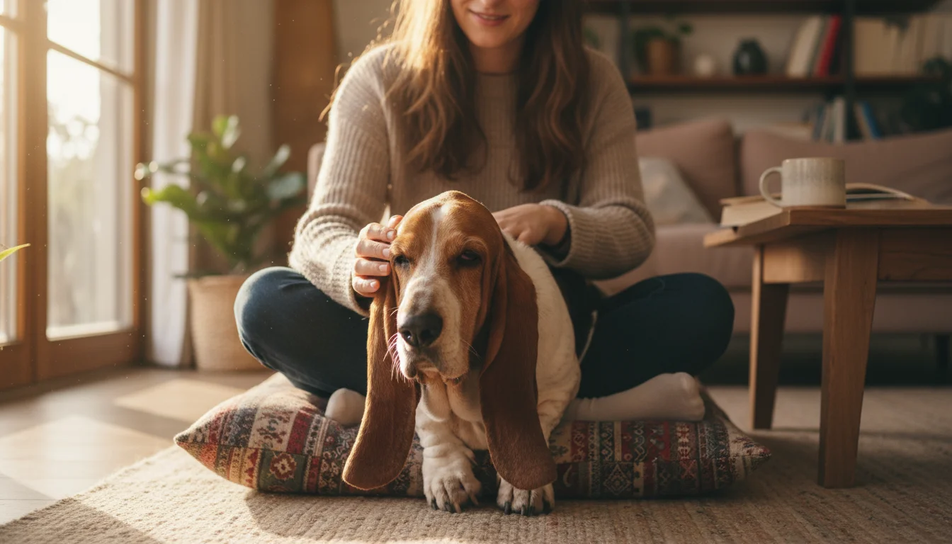 Person gently touches the floppy ear of a Basset Hound resting on their lap in a sunlit living room.