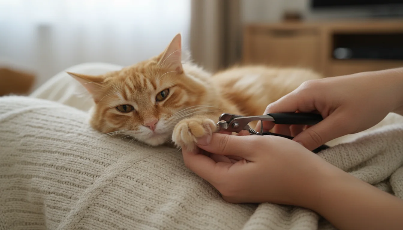 Person gently trimming a relaxed fluffy ginger cat's front paw with scissor-style nail clippers on a lap.
