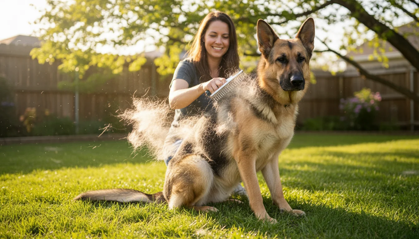 A person uses a deshedding tool on a calm German Shepherd in a sunny backyard, with fine loose fur visibly coming off.