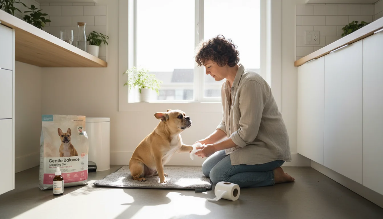 A person gently wipes a French Bulldog-mix dog's paw with a specialized wipe on a pet mat in a bright kitchen.