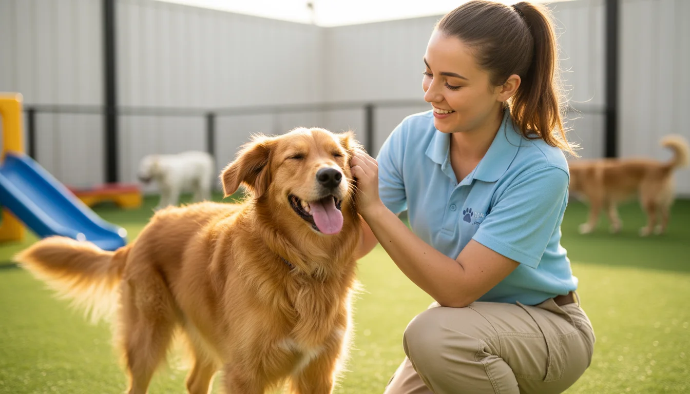 A pet care attendant kneels, gently petting a happy, medium-sized mixed-breed dog in a bright pet boarding facility lobby during a trial run.