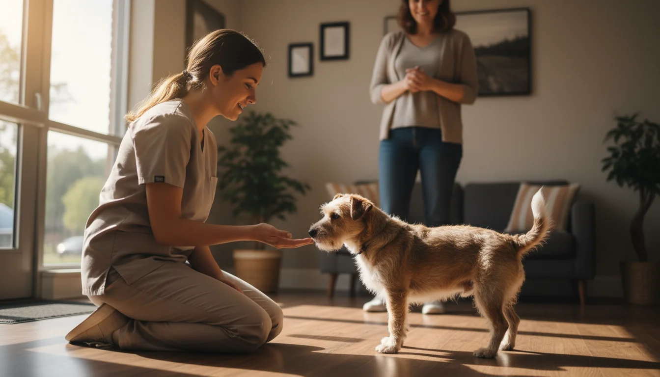 A pet care professional kneels, gently interacting with a hesitant terrier mix while the dog's owner watches.
