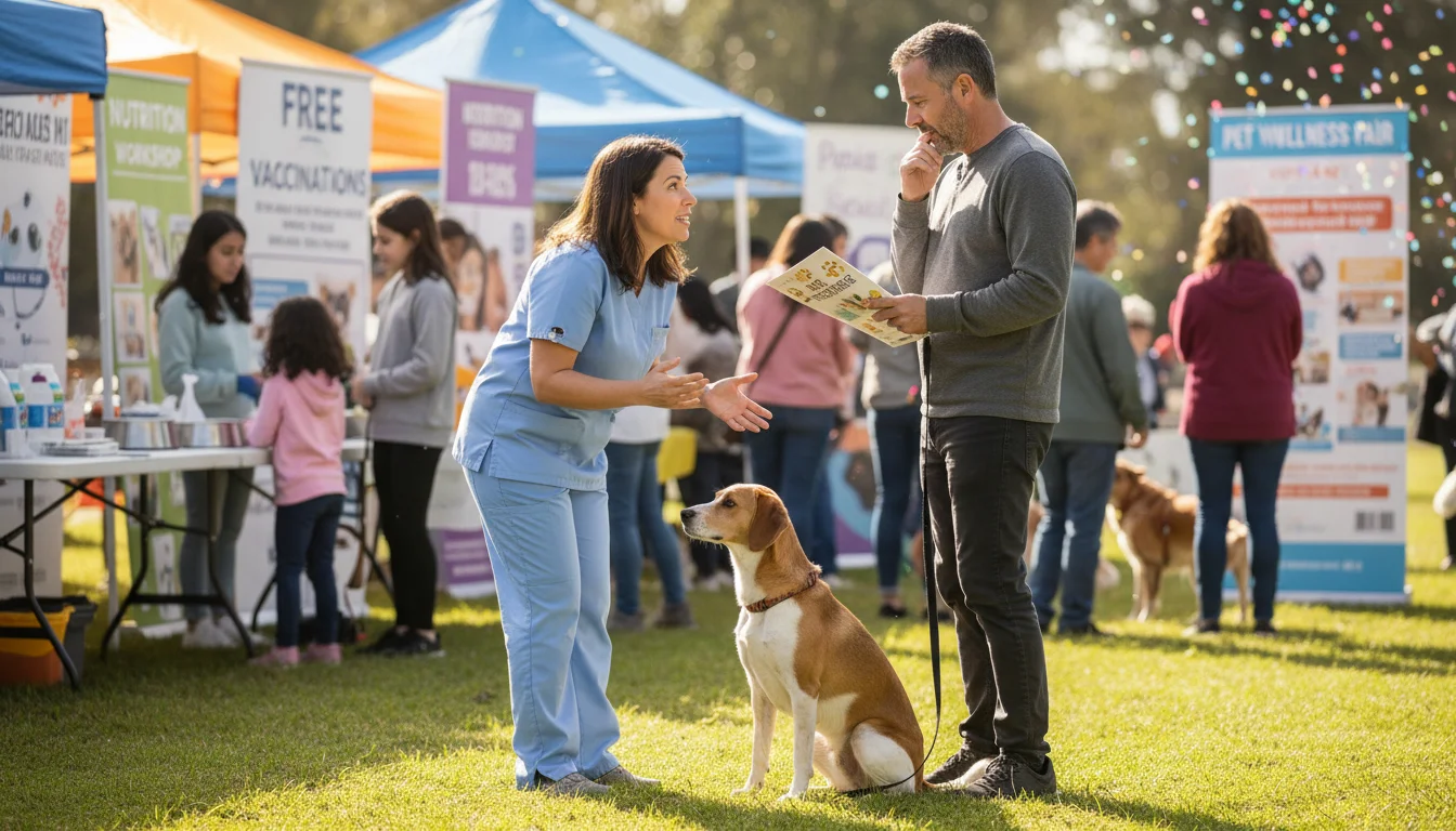A pet owner with a calm mixed-breed dog listens to a vet technician at a community pet wellness event, holding an informational flyer.