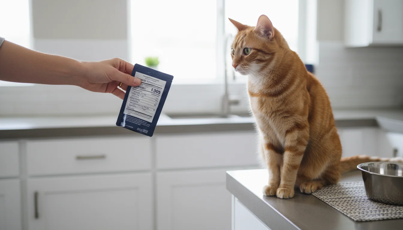 A pet owner's hand gently holds a small bag of dry cat food. The label's ingredient list prominently displays 