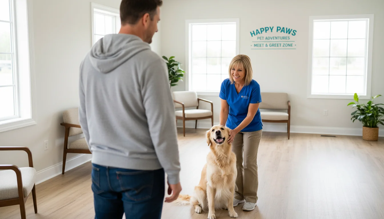 Pet owner observes a friendly pet care professional interacting gently with a happy dog in a bright pet boarding facility.