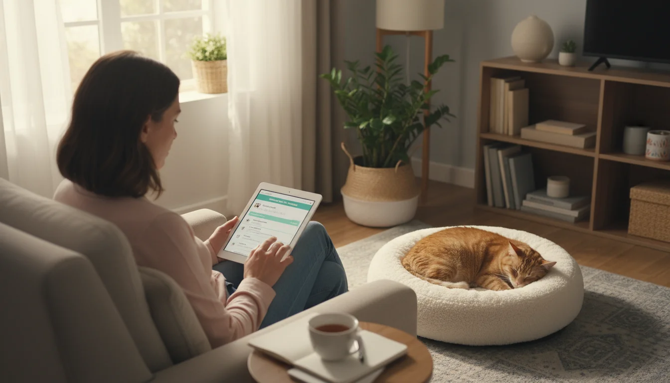 A pet owner reviews a digital pet health checklist on a tablet, while their ginger cat sleeps soundly on a bed nearby in a sunlit living room.