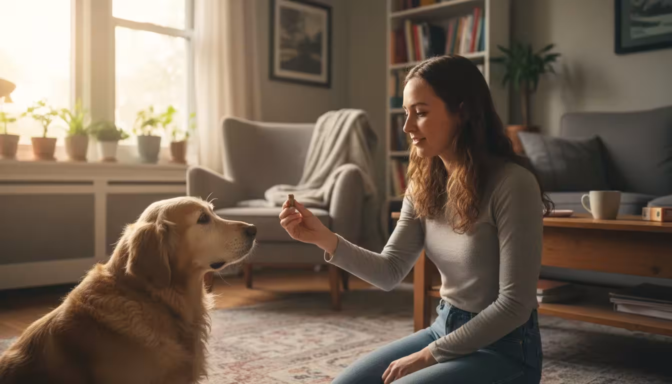 Pet sitter kneels, offering medication to an elderly golden retriever in a sunlit living room. Dog looks trusting.