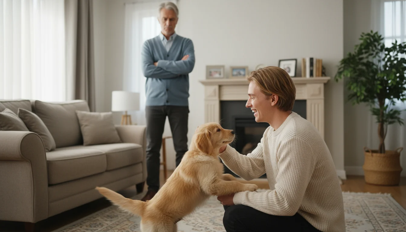 A playful Golden Retriever puppy jumps on a smiling young adult, while an older adult in the background looks on disapprovingly, showing mixed signals