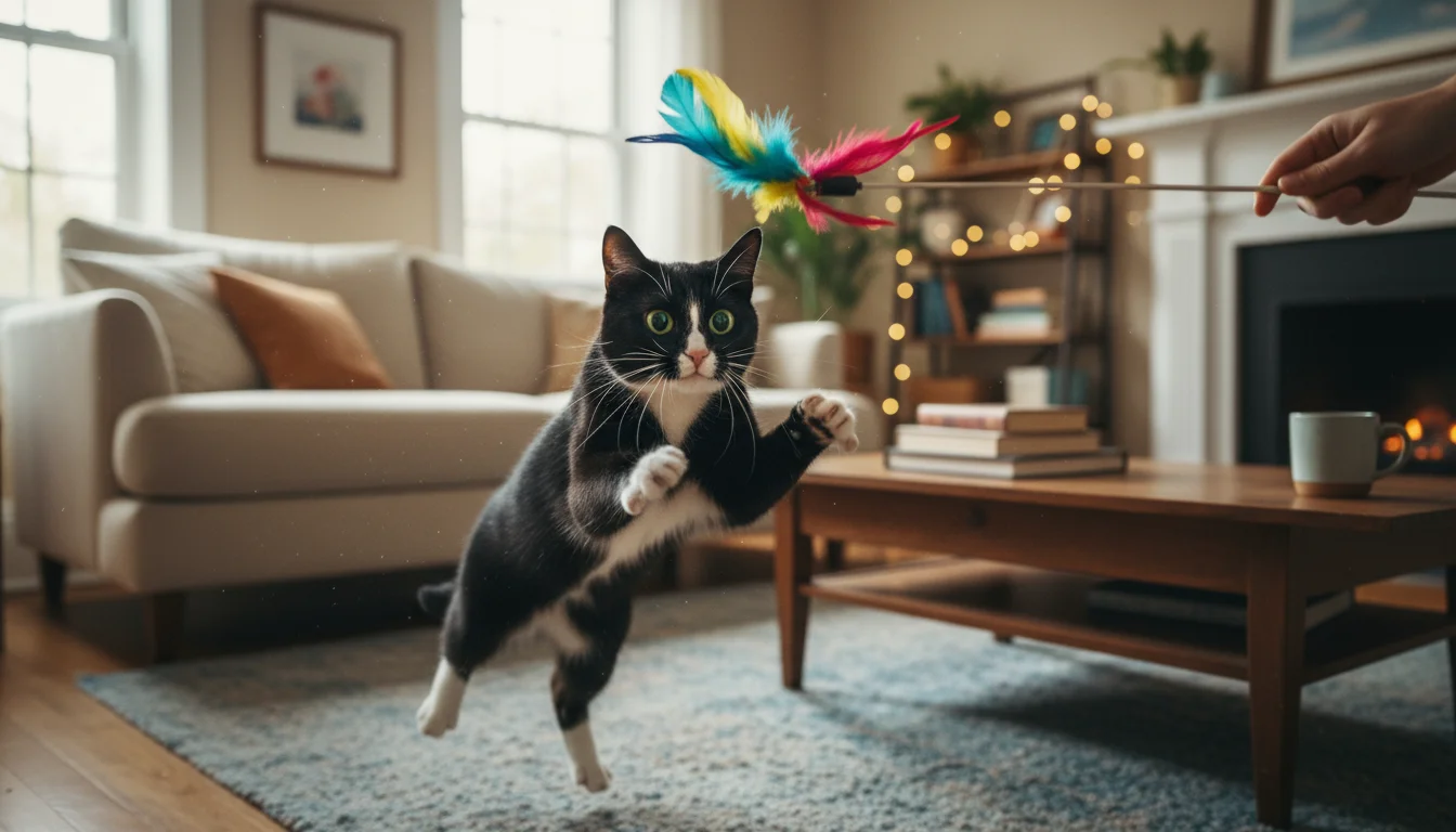 A playful tuxedo cat is captured mid-leap, launching itself into the air to bat at a colorful feather wand toy held by an unseen hand. Its eyes are fi