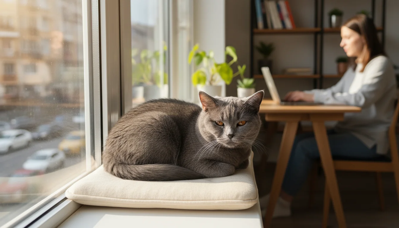 A plump blue British Shorthair cat rests on a sunny cushioned window seat, with a person working at a desk nearby in an apartment.