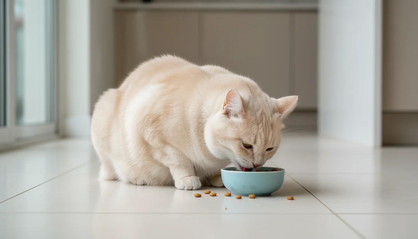 A plump, cream-colored cat gently eats a modest portion of kibble from a small blue bowl on a clean kitchen floor.