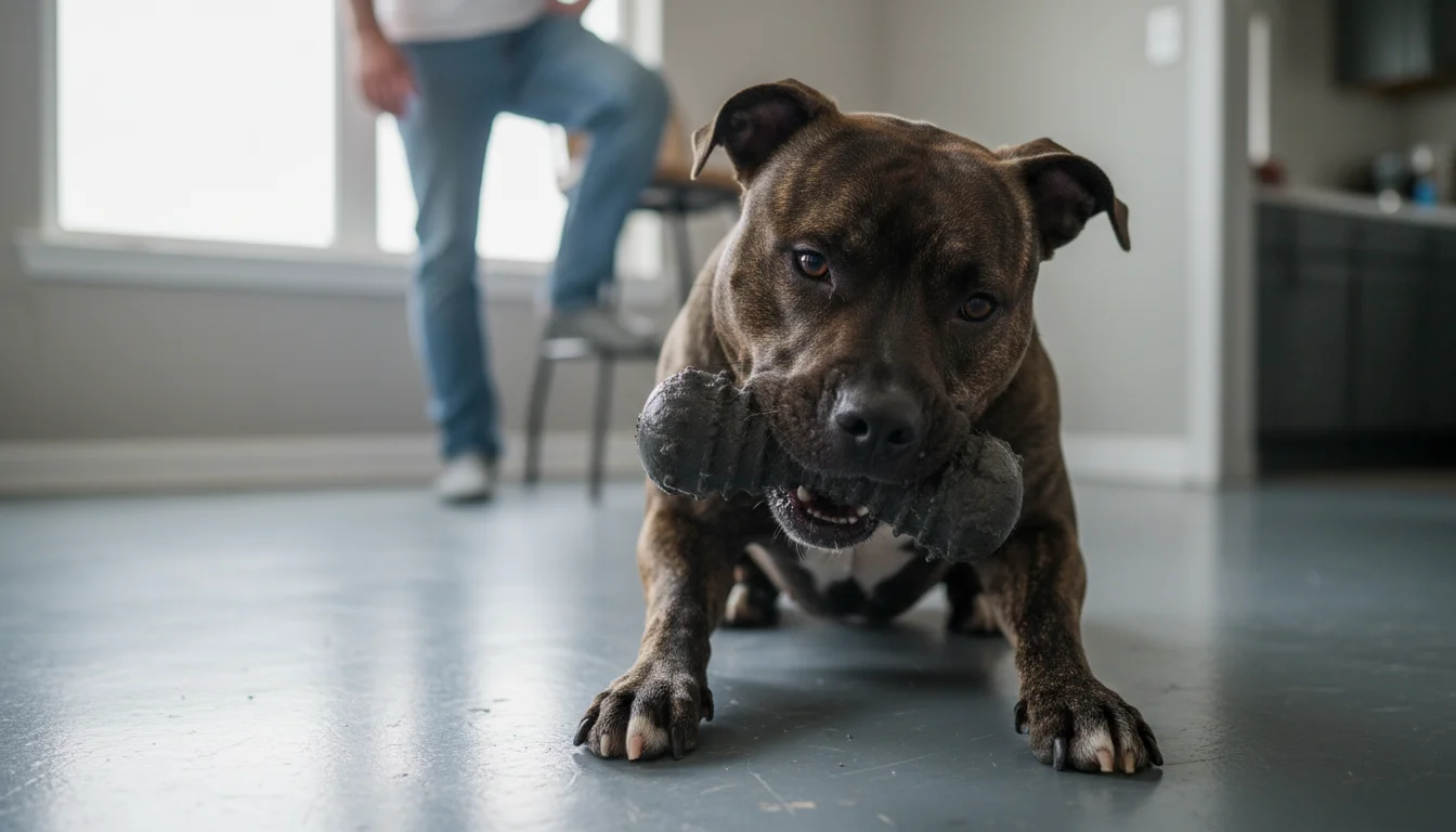 A powerful brindle Pit Bull mix intensely chews a durable black rubber dog toy on a grey floor, with a person observing in the background.