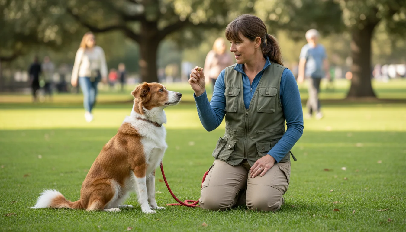 A professional dog trainer kneels on a grassy park lawn, offering a treat to a calmly sitting mixed-breed dog.