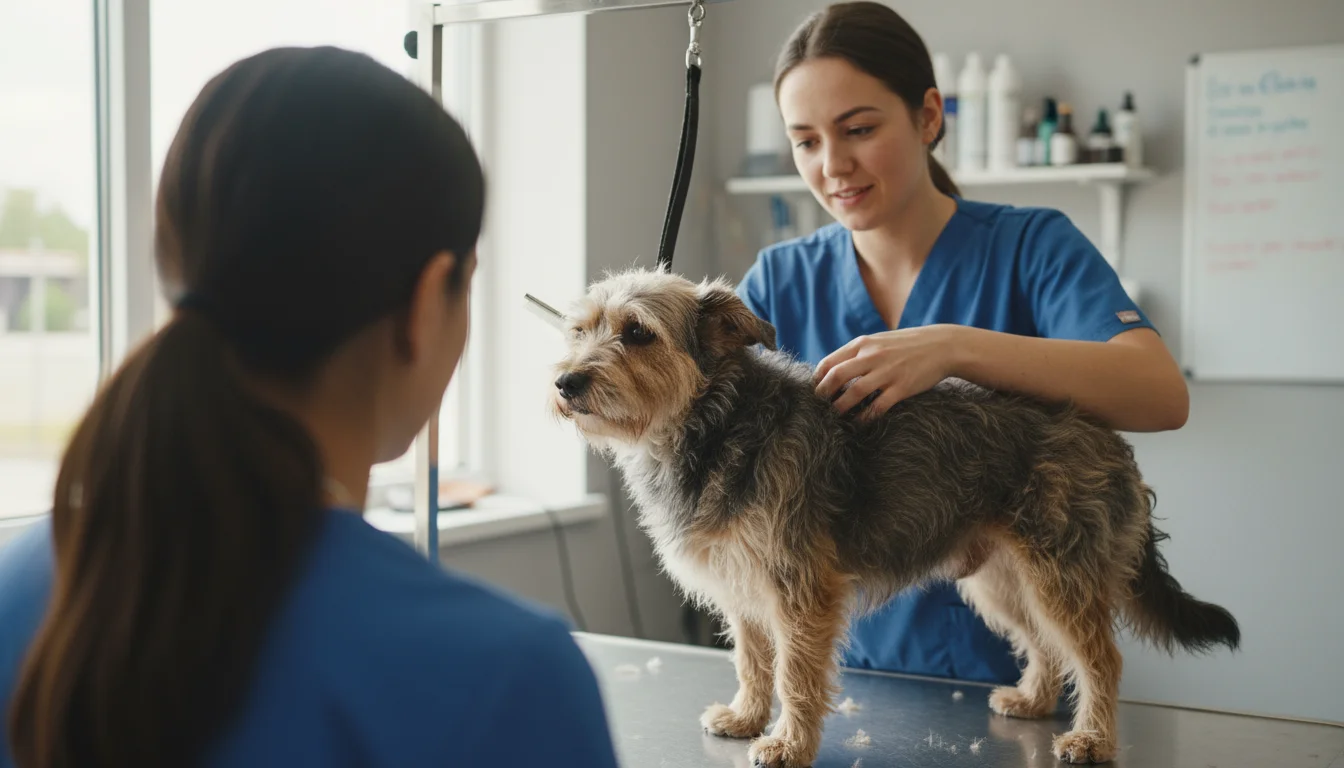 A professional groomer gently examines a scruffy terrier mix's fur on a table, as its owner watches from behind.