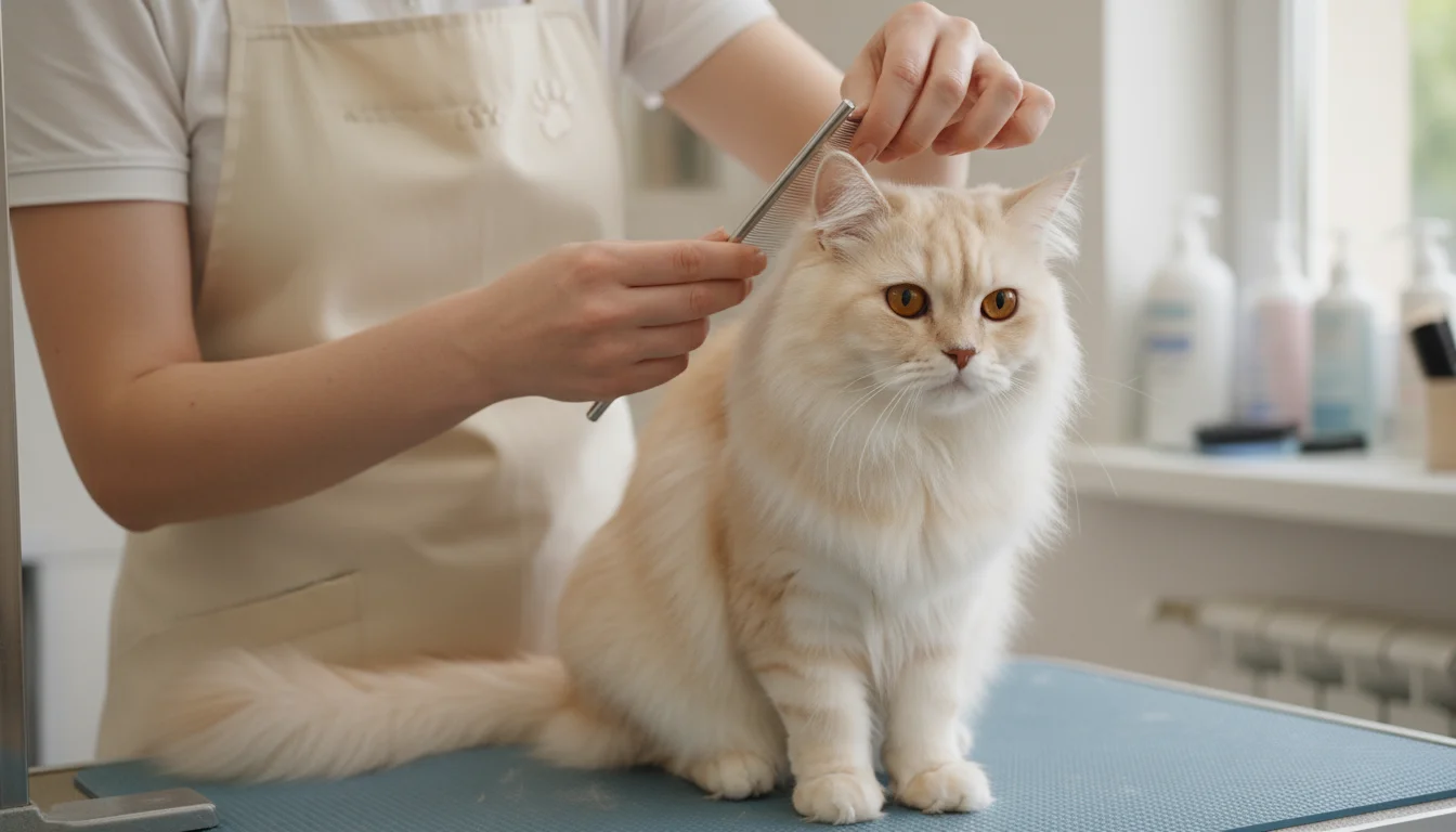 A professional groomer gently examining a specific patch of matted fur behind a long-haired cat's ear on a grooming table.