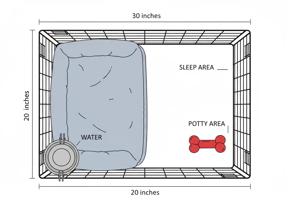 Proper puppy crate setup diagram showing bed, water bowl, and toy placement for housetraining.