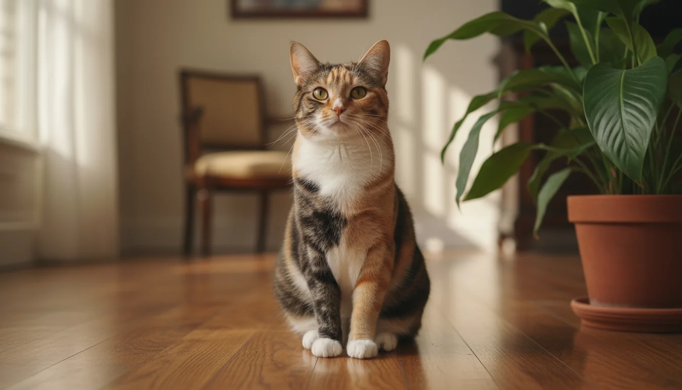 A regal calico cat sits calmly on a wooden floor, its vibrant, clean coat softly illuminated.