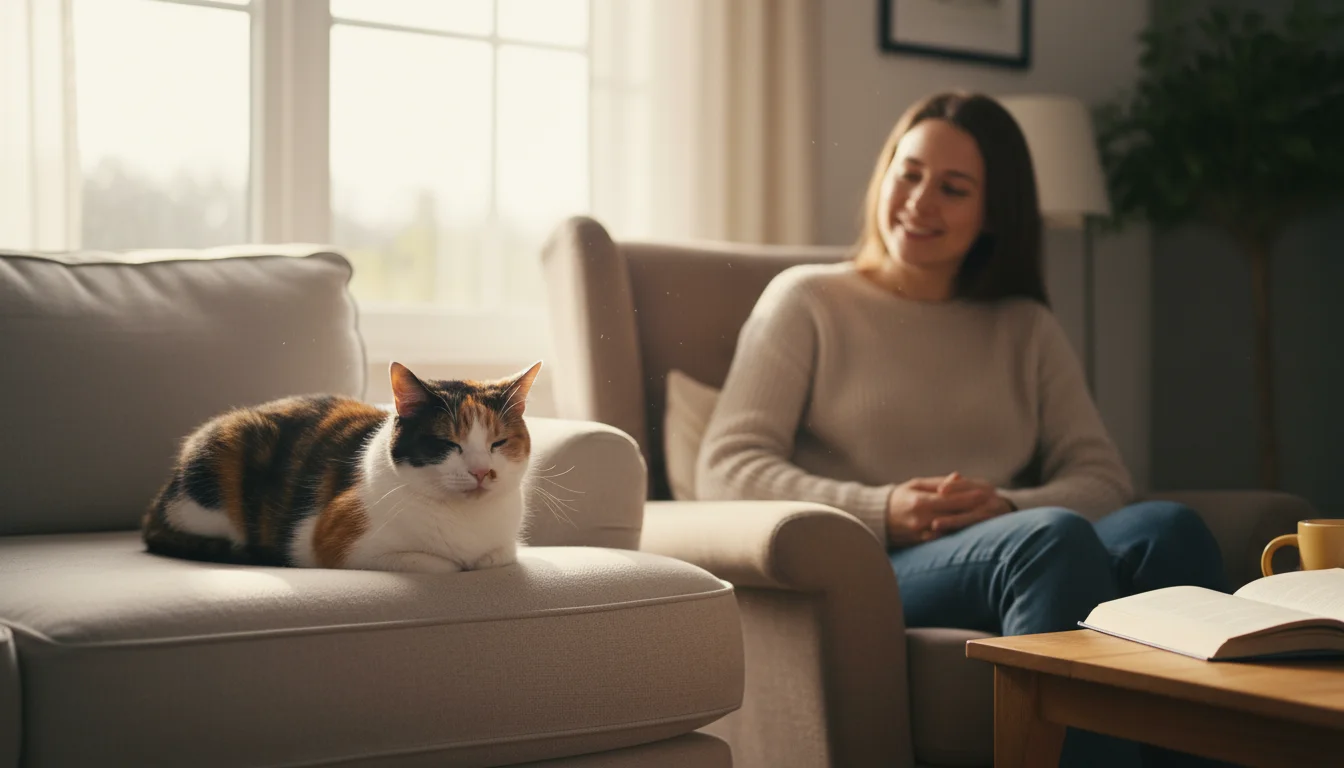 A relaxed calico cat gives a slow blink while a person nearby gently mirrors the blink, sharing a quiet moment.