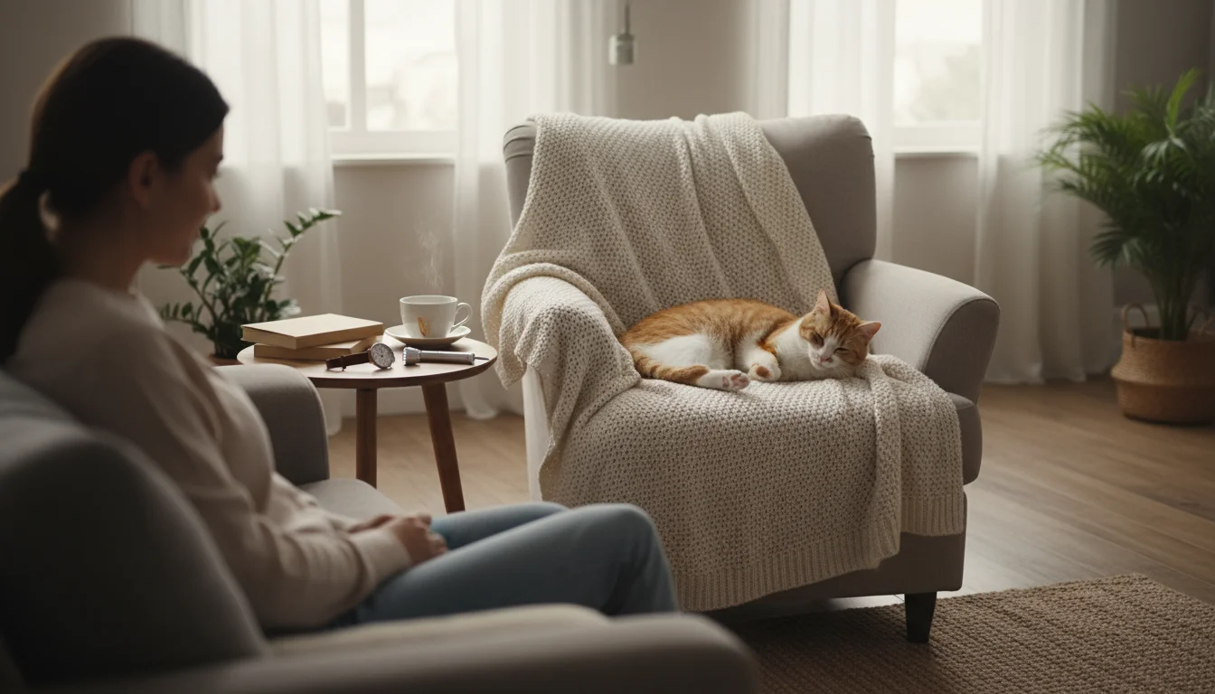 A relaxed ginger cat kneading a cream blanket on an armchair. A person sits nearby, and pet vital sign tools are on a side table.
