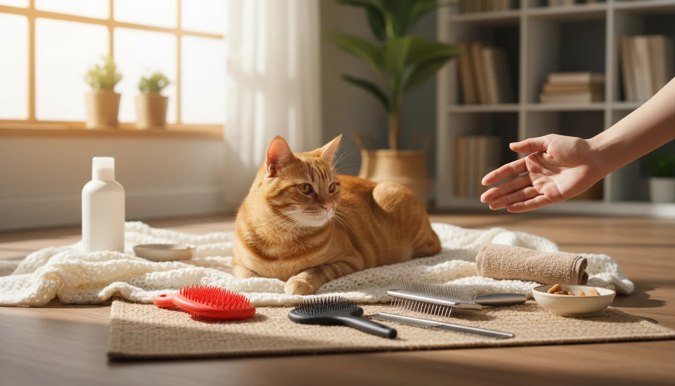 A relaxed ginger cat lies next to a collection of grooming tools: slicker, pin, and curry brushes, and a comb. A human hand reaches for a brush.