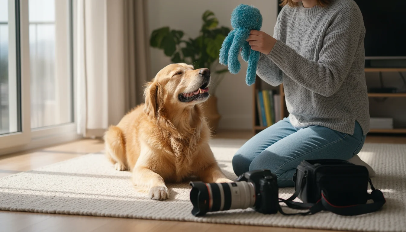 A relaxed golden retriever lies on a light rug, looking at its owner who gently holds a plush toy. A camera sits on a cushion nearby.