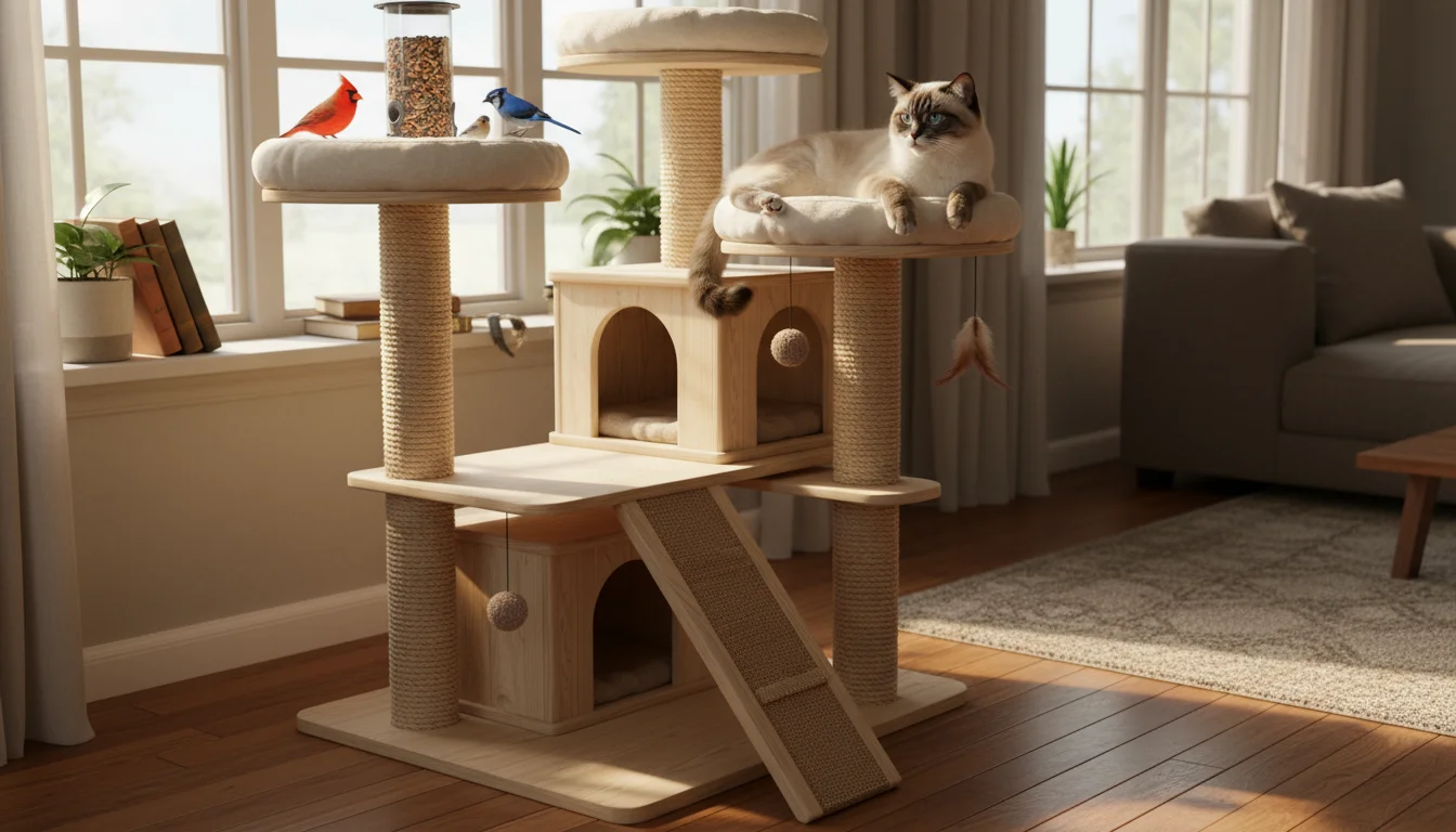 A relaxed Siamese cat perches on a multi-level cat tree, looking out a window at a bird feeder.