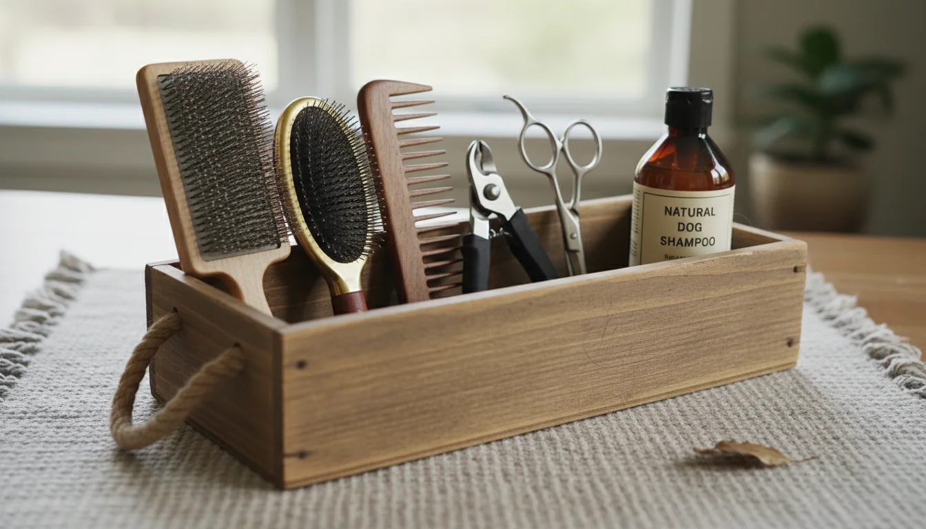 A rustic grooming caddy on a mat filled with various brushes, comb, clippers, and shampoo. A hand reaches in as a Golden Retriever watches.
