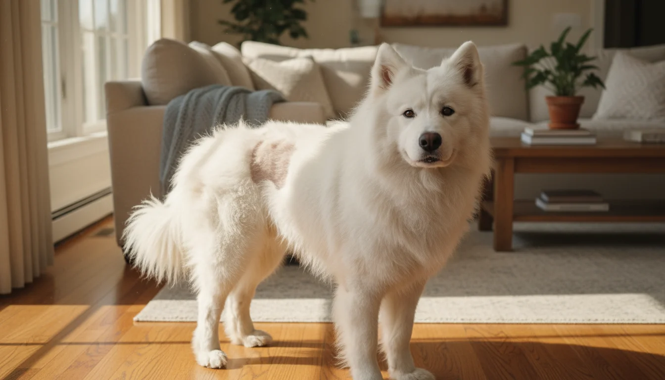 A Samoyed dog stands in a sunlit living room, its thick white fur roughly trimmed and patchy in areas, looking neglected.