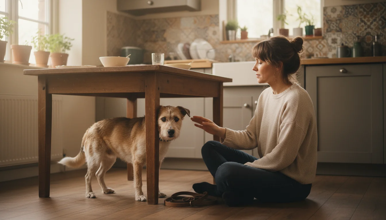 A scruffy tan and white dog hunched low under a kitchen table, panting with wide, worried eyes and a tucked tail. Its female owner sits nearby, lookin