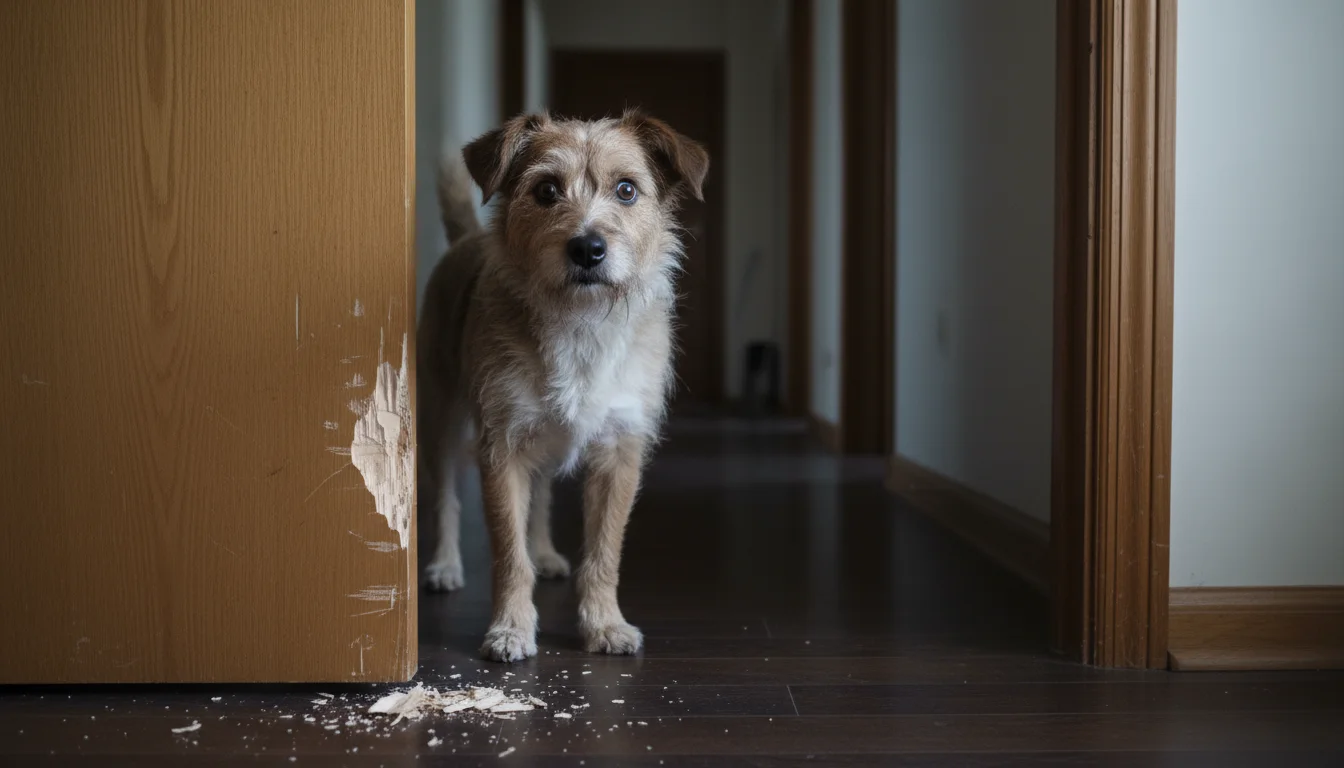 A scruffy terrier mix with anxious eyes stands near a heavily chewed and scratched wooden doorframe with wood splinters on the floor.