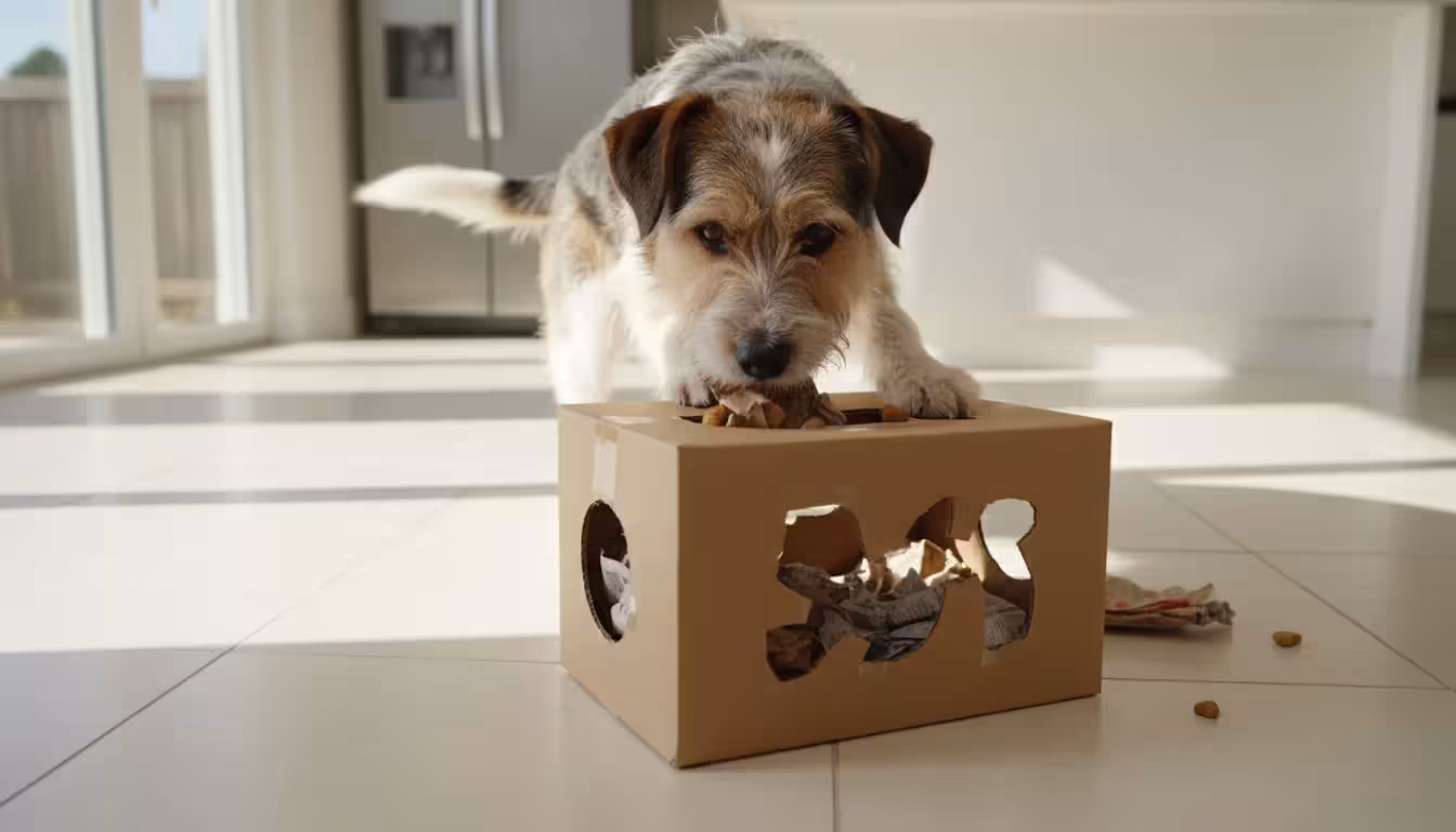 A scruffy terrier mix dog actively playing with a DIY cardboard box puzzle feeder, trying to get hidden treats from inside.