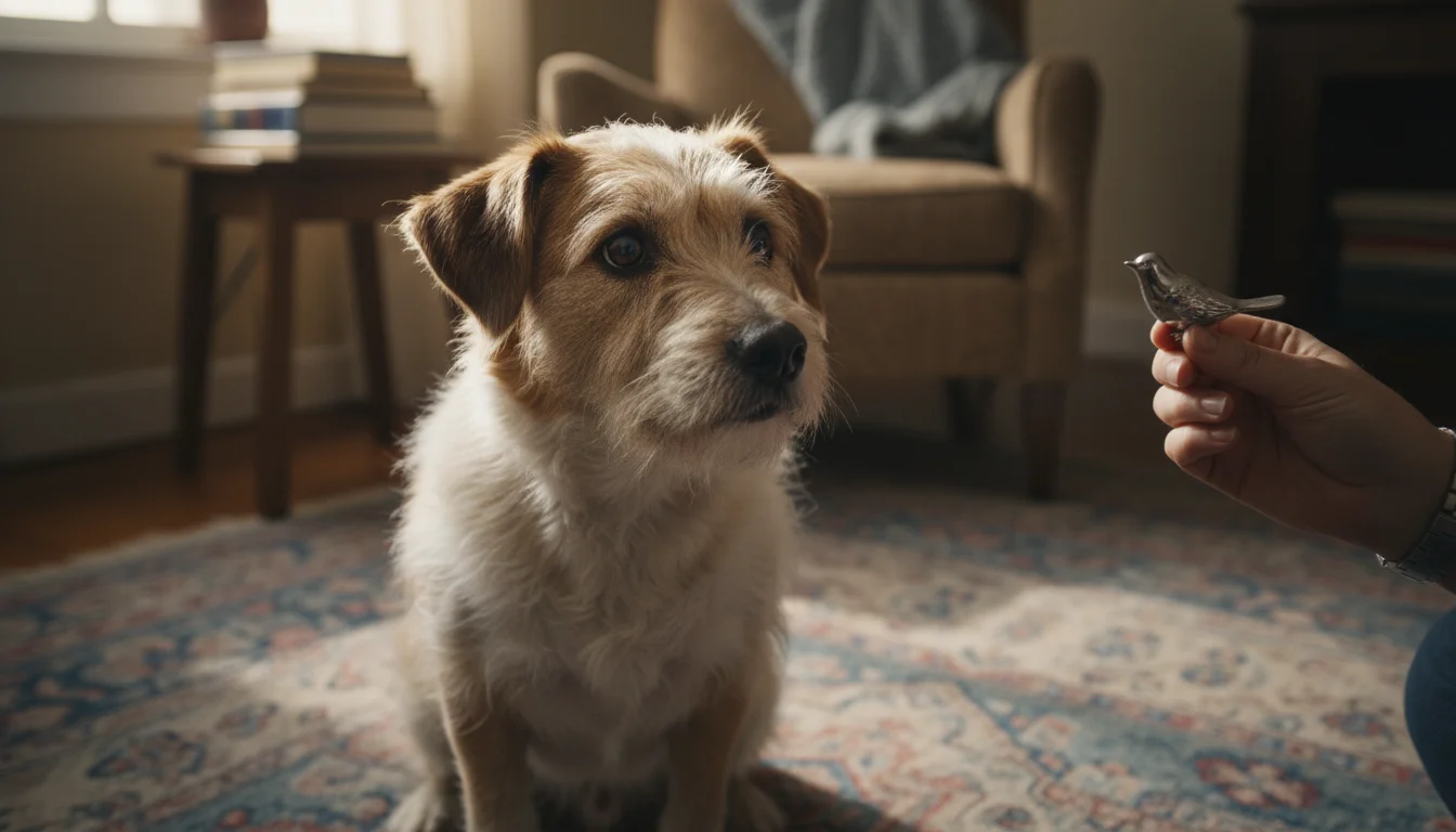 A scruffy terrier mix dog with a curious head tilt stares intently at a bright yellow toy held by a hand partially visible off-camera.