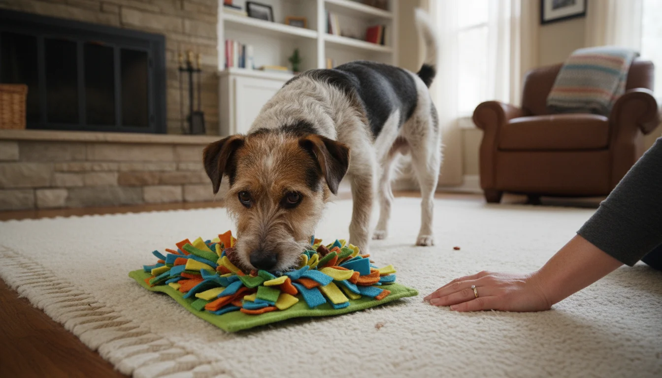 A scruffy terrier mix dog deeply sniffs a colorful fabric snuffle mat on a patterned rug indoors. A person's hand rests nearby.