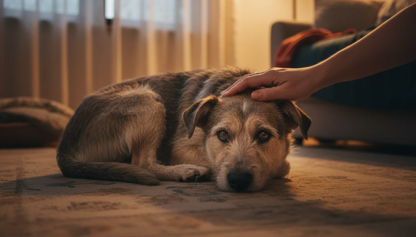A scruffy terrier mix dog lies lethargically on a rug while a human hand gently strokes its head.