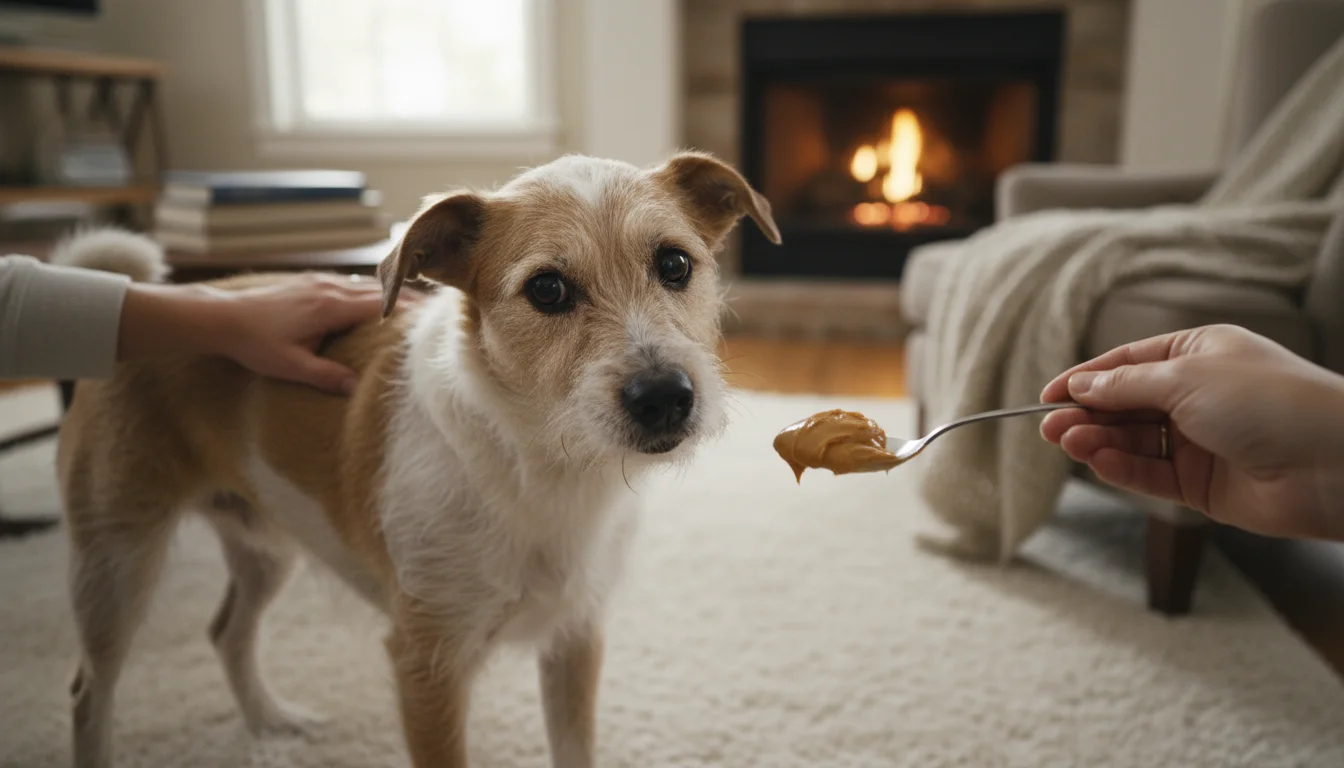 A scruffy terrier mix dog on a living room floor, looking away somewhat reluctantly, as a human hand patiently offers a spoon of peanut butter. Anothe