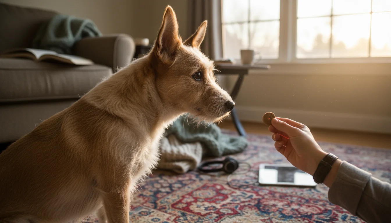 A scruffy terrier mix dog on a rug, intently looking out a window, ignoring a treat held by a human hand.