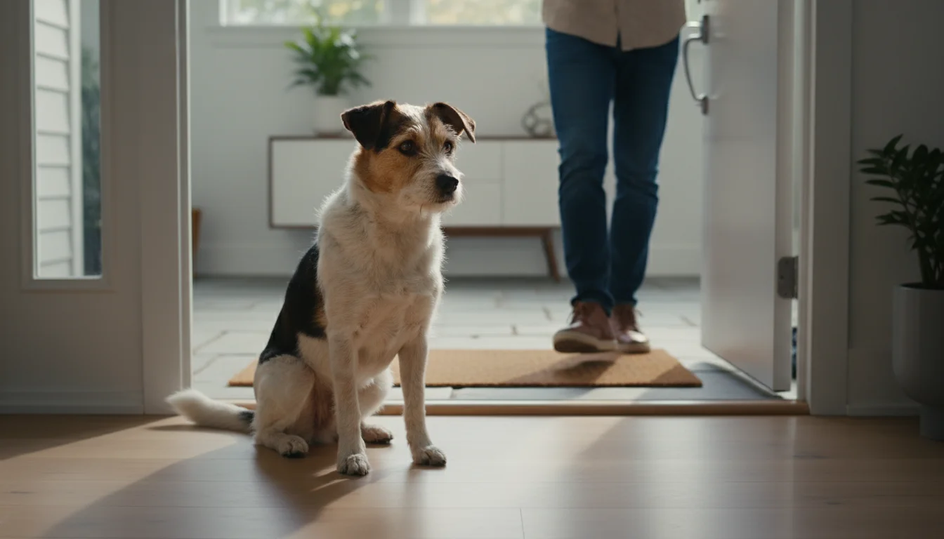 A scruffy terrier mix dog sits patiently at an open doorway, looking intently at a person's feet just outside.