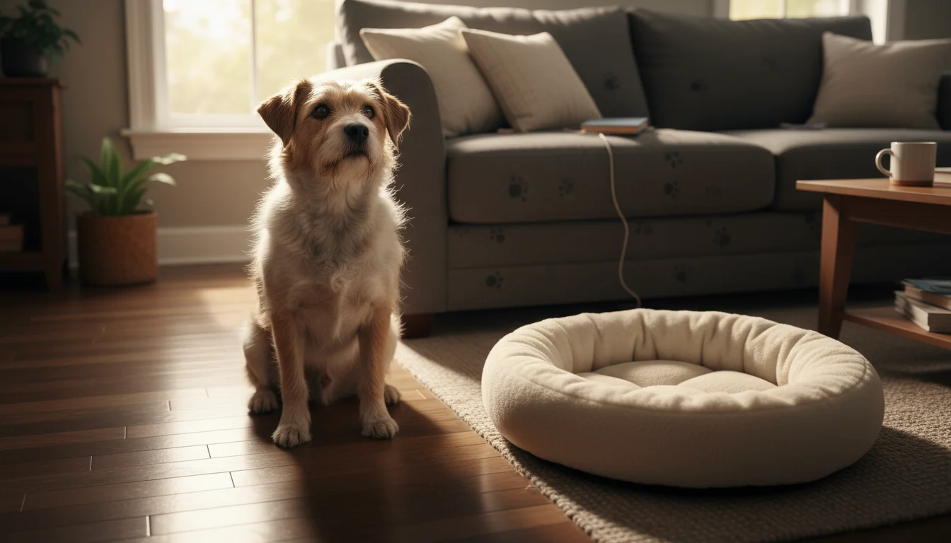 A scruffy terrier-mix dog sits on a wood floor, looking longingly at a plush sofa. A new, empty bolster dog bed is prominent in the foreground.