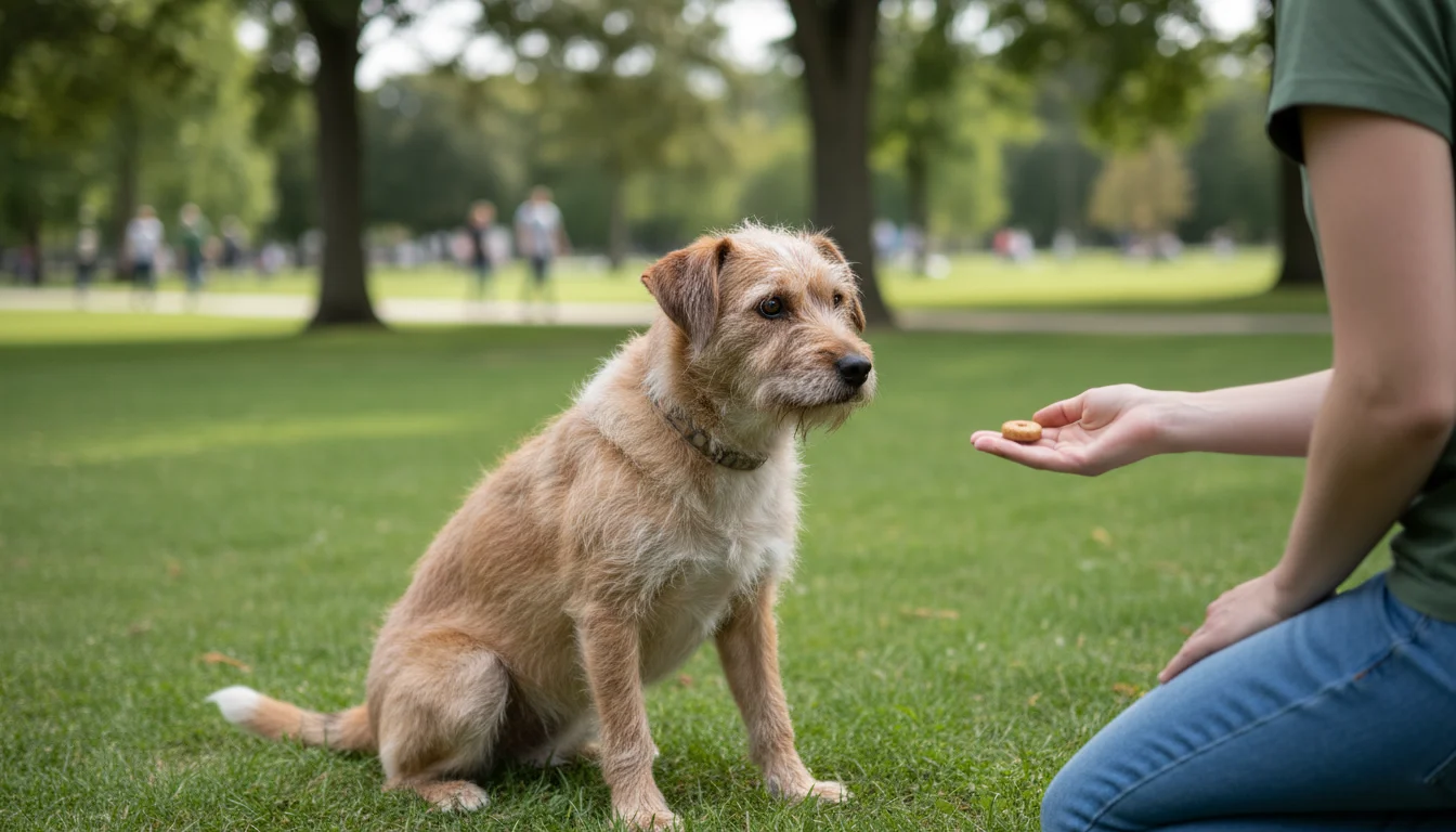 A scruffy terrier mix dog with a tucked tail and flattened ears leans away from an owner's extended hand in a park.