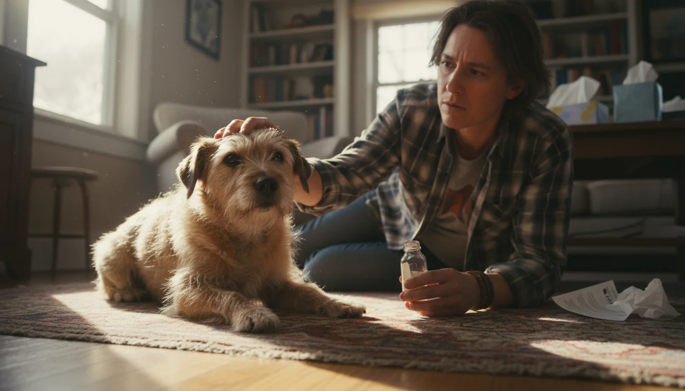 A scruffy terrier mix sits patiently, looking up at its owner who kneels beside it with a thoughtful expression, hand on the dog's head.