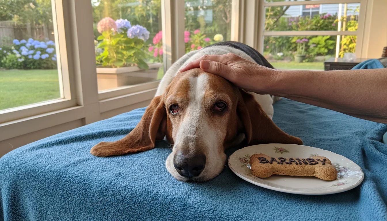 A senior Basset Hound rests on a blue blanket in a sunlit porch, receiving gentle pets from a human hand, with a small dog biscuit nearby.