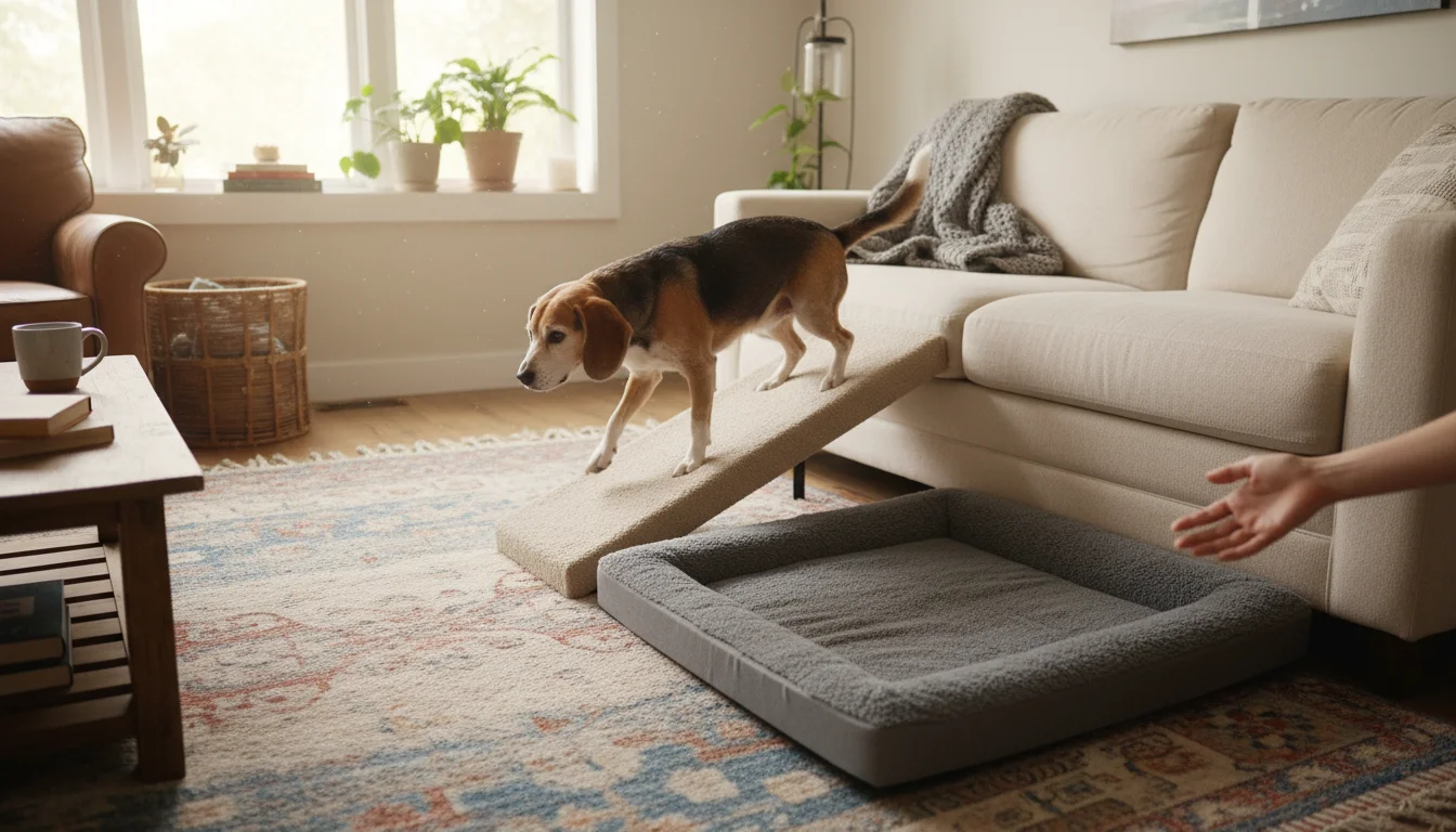 Senior dog with a greying muzzle carefully walks up a low ramp to reach an orthopedic pet bed on a sofa in a sunlit living room.