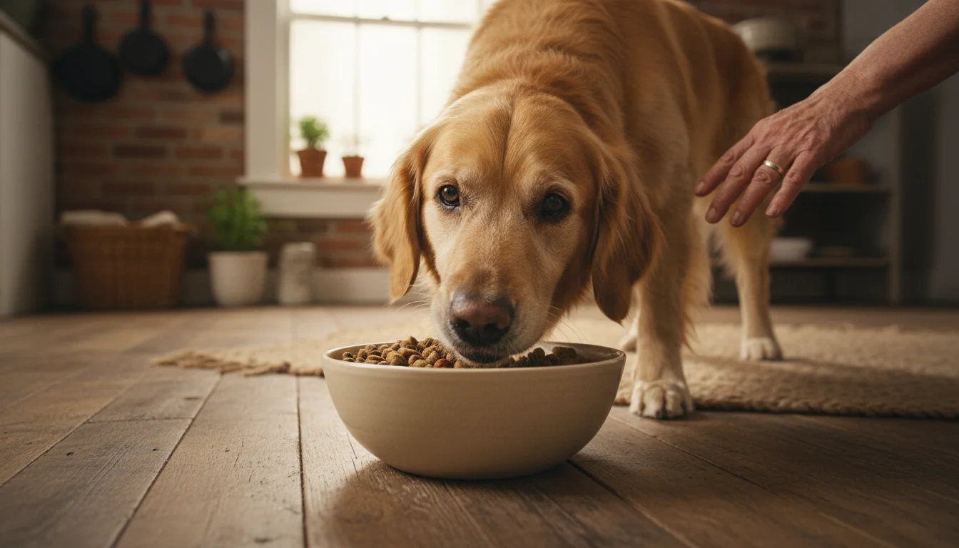 A senior Golden Retriever, gray around its muzzle, eats from a food bowl on a kitchen floor with a hand gently resting on its back.