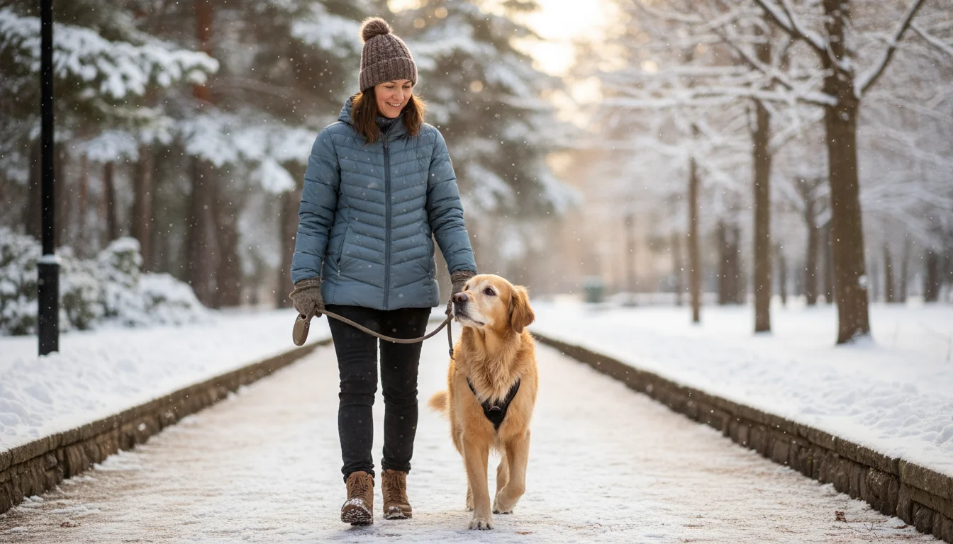 A senior Golden Retriever with a gray muzzle calmly walks on a snowy path with a person.