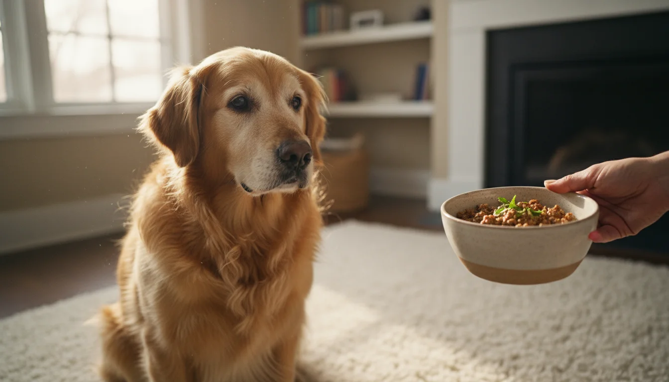 Senior Golden Retriever with grey muzzle sitting patiently as a human hand places a special food bowl down on a rug, soft window light.