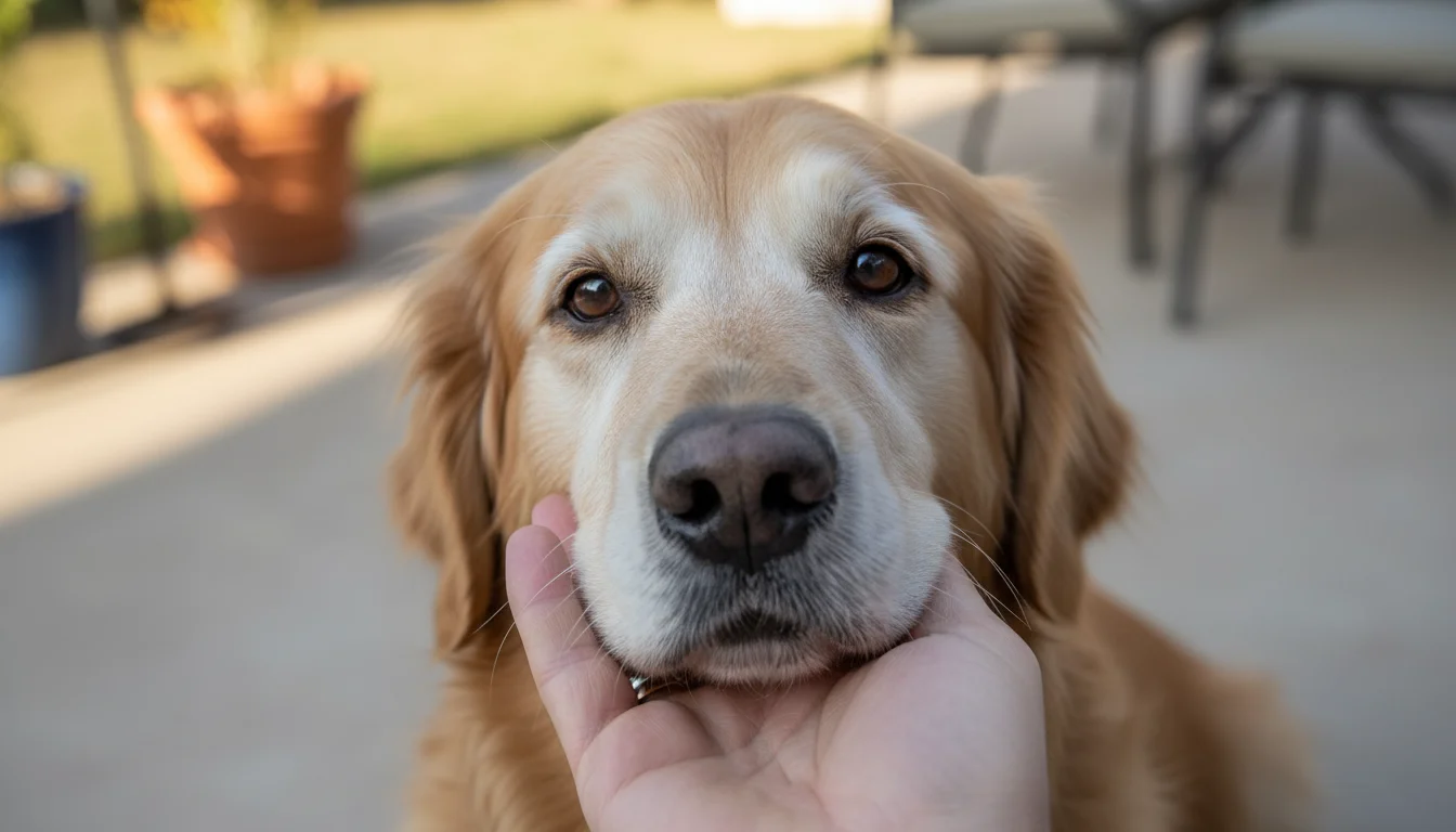 Close-up of a senior Golden Retriever's muzzle, with a human hand gently cupping its chin on a sunlit patio.