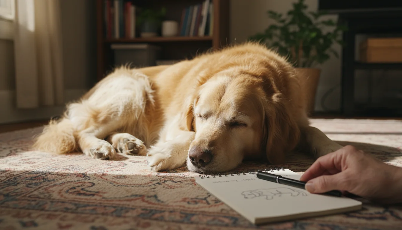 A senior Golden Retriever naps peacefully on a rug in a sunbeam, with a human hand holding an open notebook nearby.