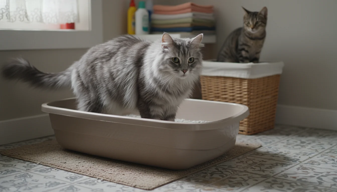 A senior gray longhair cat carefully steps out of a low-entry litter box in a utility room, with a younger tabby cat watching.